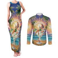 Aloha Hawaii Couples Matching Tank Maxi Dress and Long Sleeve Button Shirt Hula Martini Tropical Vibes - Polynesian Pride