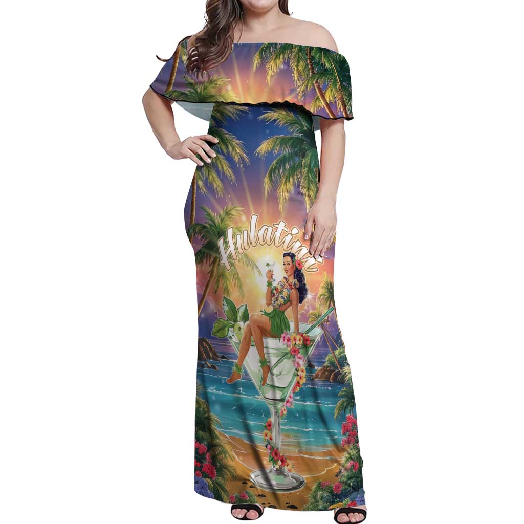 Aloha Hawaii Off Shoulder Maxi Dress Hula Martini Tropical Vibes - Polynesian Pride
