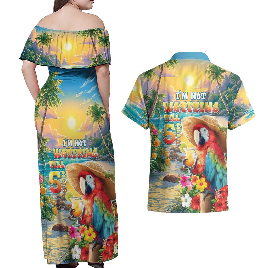 Hawaii Parrot Couples Matching Off Shoulder Maxi Dress and Hawaiian Shirt Im Not Waiting Till 5 Oclock - Polynesian Pride