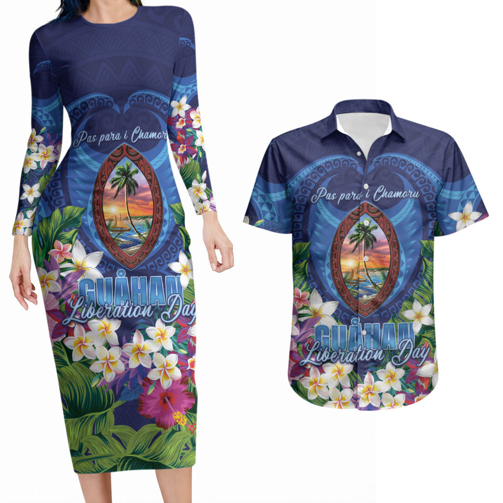Guam Liberation Day Couples Matching Long Sleeve Bodycon Dress and Hawaiian Shirt Pas Para I Chamoru