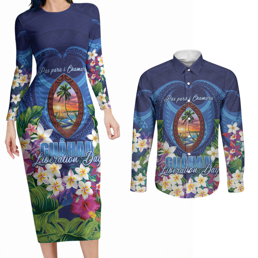 Guam Liberation Day Couples Matching Long Sleeve Bodycon Dress and Long Sleeve Button Shirt Pas Para I Chamoru LT05 Navy - Polynesian Pride