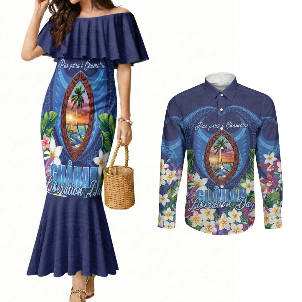 Guam Liberation Day Couples Matching Mermaid Dress and Long Sleeve Button Shirt Pas Para I Chamoru LT05 Navy - Polynesian Pride
