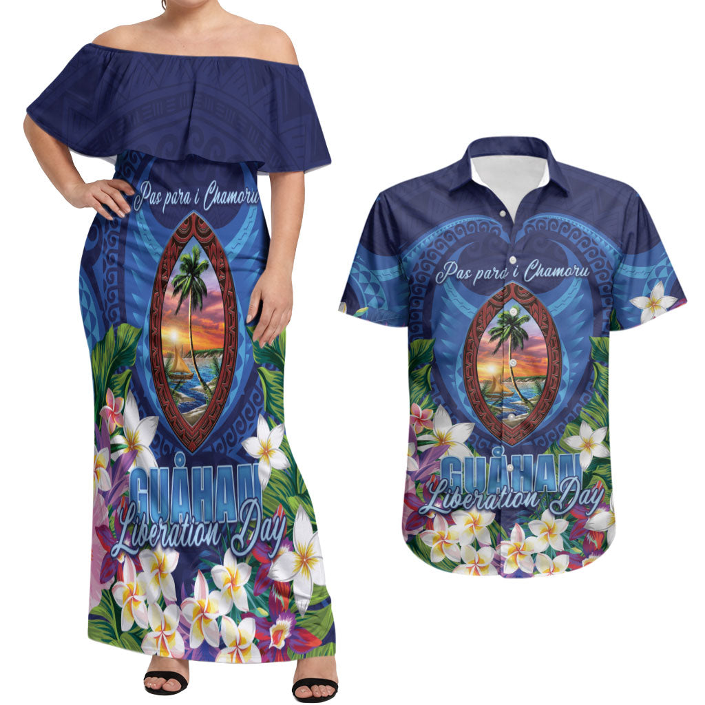 Guam Liberation Day Couples Matching Off Shoulder Maxi Dress and Hawaiian Shirt Pas Para I Chamoru LT05 Navy - Polynesian Pride