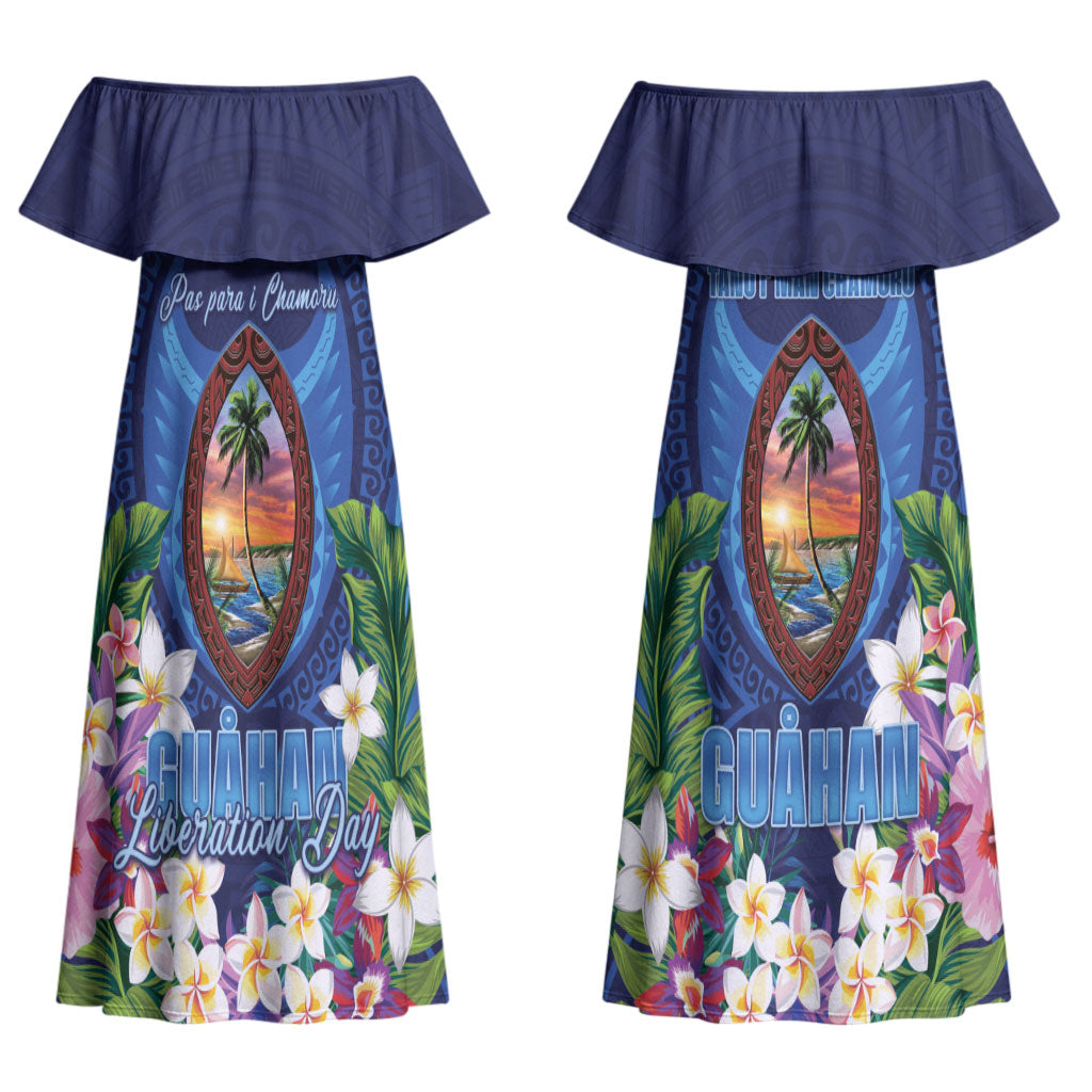 Guam Liberation Day Couples Matching Off Shoulder Maxi Dress and Long Sleeve Button Shirt Pas Para I Chamoru