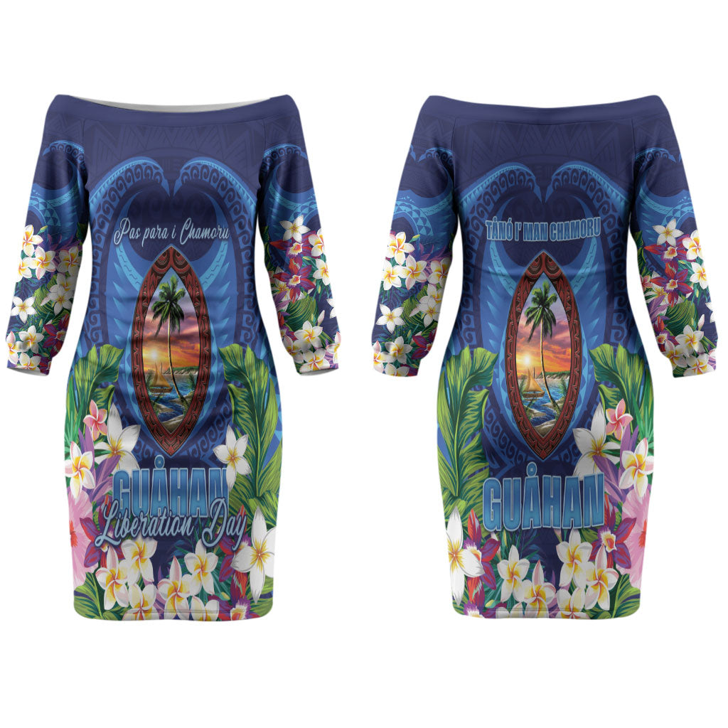 Guam Liberation Day Couples Matching Off The Shoulder Long Sleeve Dress and Long Sleeve Button Shirt Pas Para I Chamoru