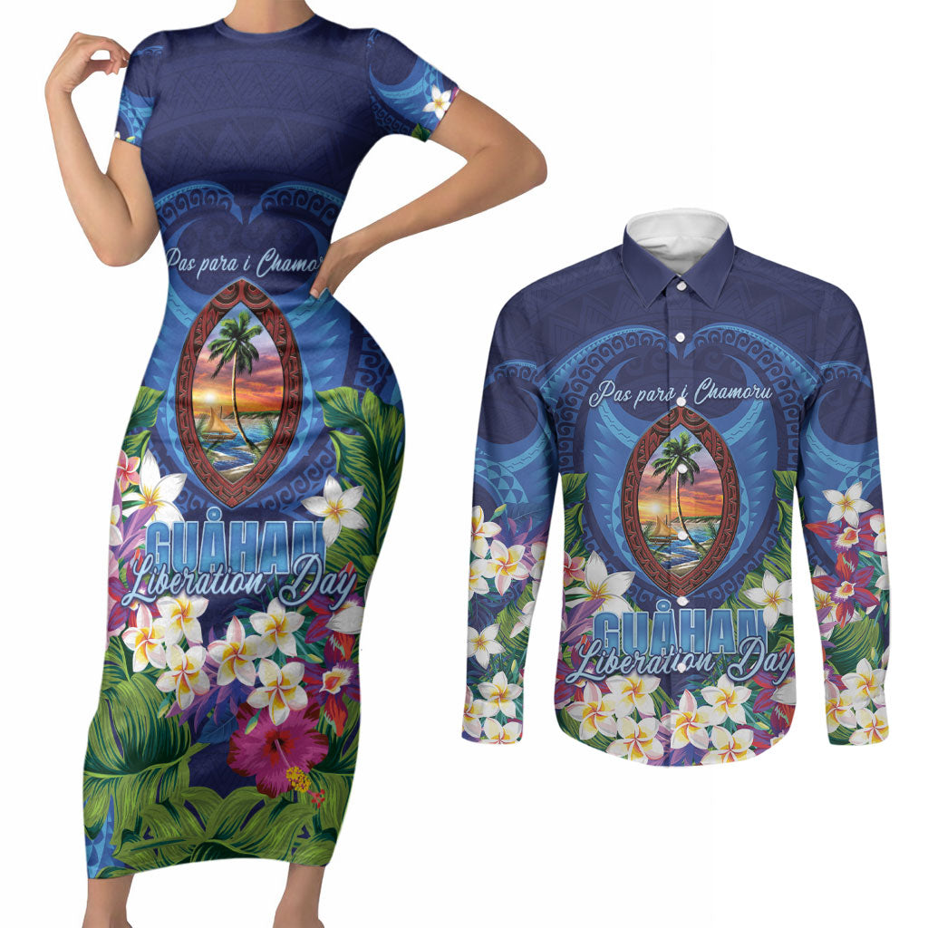 Guam Liberation Day Couples Matching Short Sleeve Bodycon Dress and Long Sleeve Button Shirt Pas Para I Chamoru LT05 Navy - Polynesian Pride