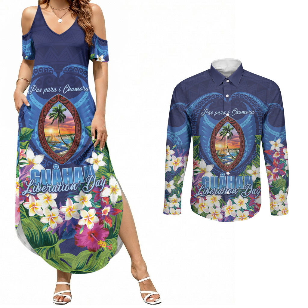 Guam Liberation Day Couples Matching Summer Maxi Dress and Long Sleeve Button Shirt Pas Para I Chamoru LT05 Navy - Polynesian Pride