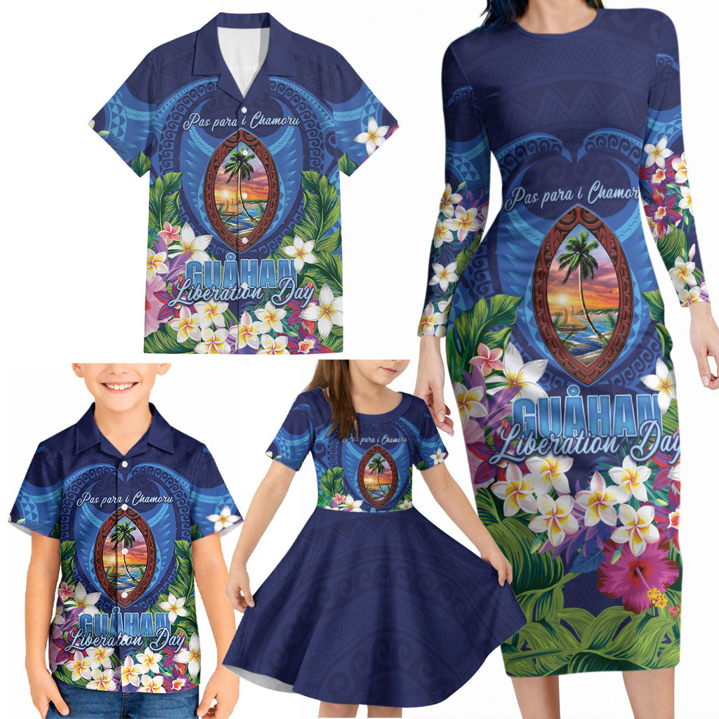 Guam Liberation Day Family Matching Long Sleeve Bodycon Dress and Hawaiian Shirt Pas Para I Chamoru
