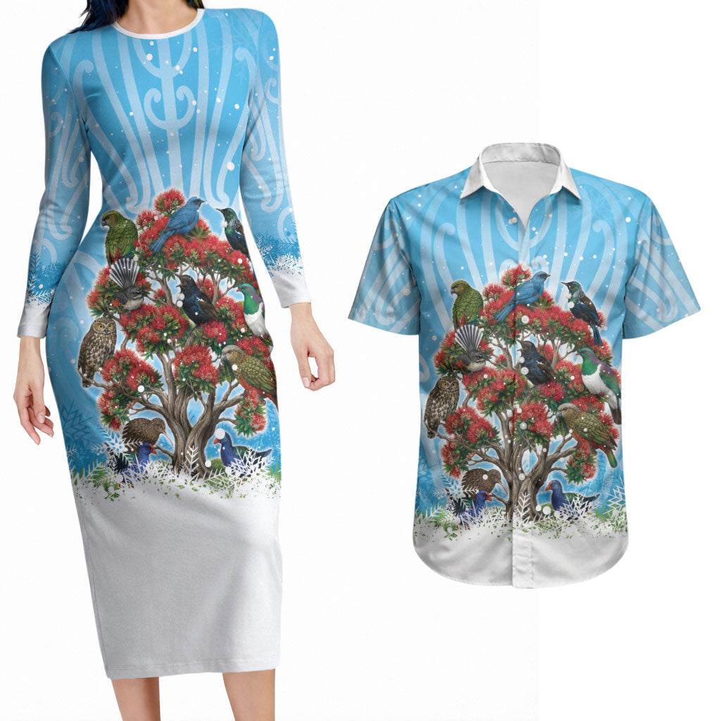 New Zealand Birds Christmas Couples Matching Long Sleeve Bodycon Dress and Hawaiian Shirt Pohutukawa Xmas Tree