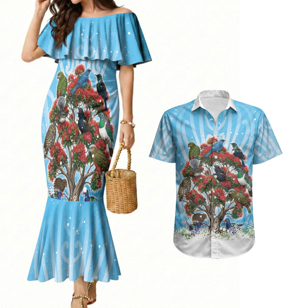 New Zealand Birds Christmas Couples Matching Mermaid Dress and Hawaiian Shirt Pohutukawa Xmas Tree
