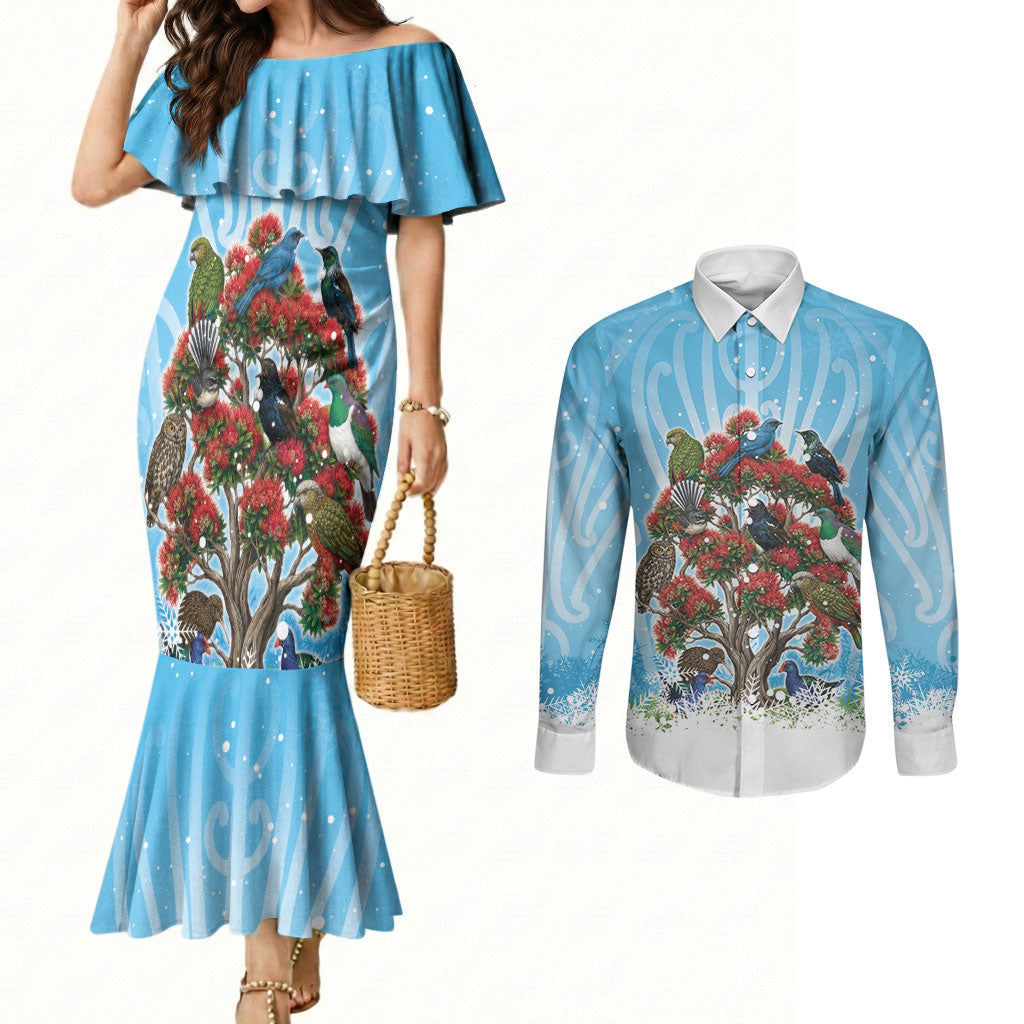 New Zealand Birds Christmas Couples Matching Mermaid Dress and Long Sleeve Button Shirt Pohutukawa Xmas Tree