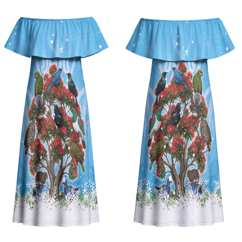 New Zealand Birds Christmas Couples Matching Off Shoulder Maxi Dress and Long Sleeve Button Shirt Pohutukawa Xmas Tree