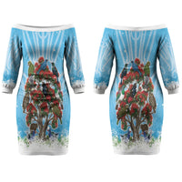 New Zealand Birds Christmas Couples Matching Off The Shoulder Long Sleeve Dress and Long Sleeve Button Shirt Pohutukawa Xmas Tree