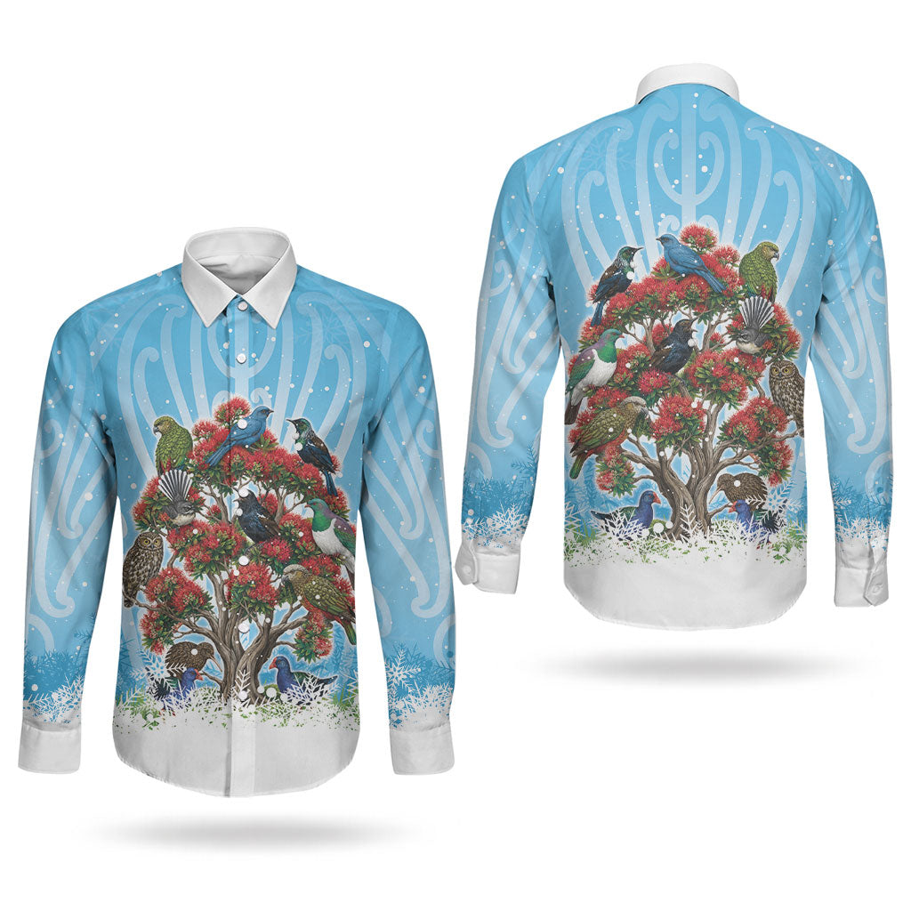 New Zealand Birds Christmas Couples Matching Puletasi and Long Sleeve Button Shirt Pohutukawa Xmas Tree
