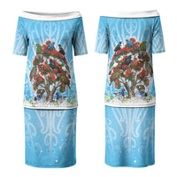 New Zealand Birds Christmas Couples Matching Puletasi and Long Sleeve Button Shirt Pohutukawa Xmas Tree