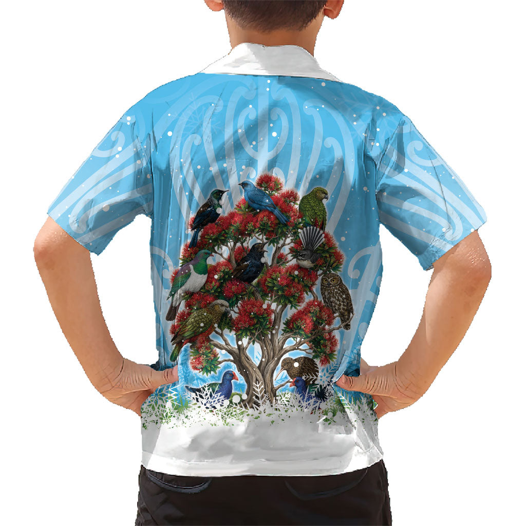 New Zealand Birds Christmas Kid Hawaiian Shirt Pohutukawa Xmas Tree