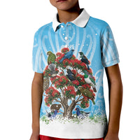 New Zealand Birds Christmas Kid Polo Shirt Pohutukawa Xmas Tree