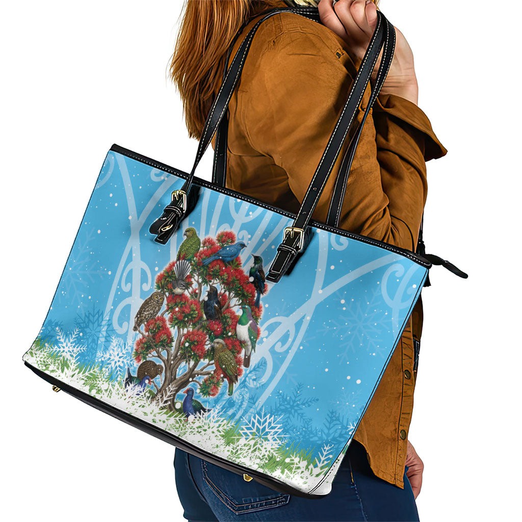 New Zealand Birds Christmas Leather Tote Bag Pohutukawa Xmas Tree