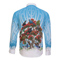 New Zealand Birds Christmas Long Sleeve Button Shirt Pohutukawa Xmas Tree