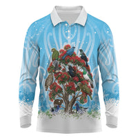 New Zealand Birds Christmas Long Sleeve Polo Shirt Pohutukawa Xmas Tree
