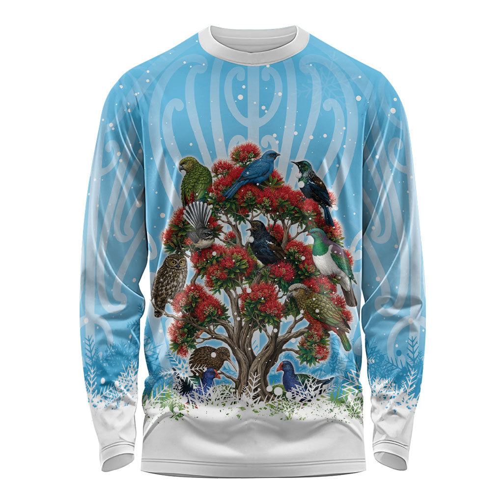 New Zealand Birds Christmas Long Sleeve Shirt Pohutukawa Xmas Tree
