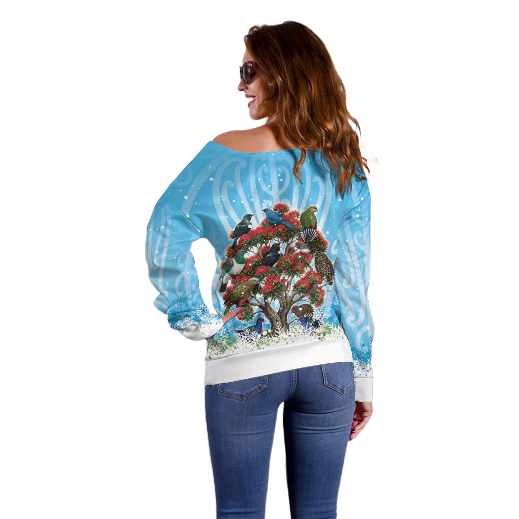 New Zealand Birds Christmas Off Shoulder Sweater Pohutukawa Xmas Tree