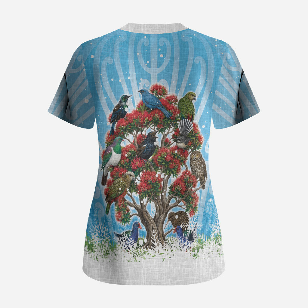 New Zealand Birds Christmas Scrub Top Pohutukawa Xmas Tree
