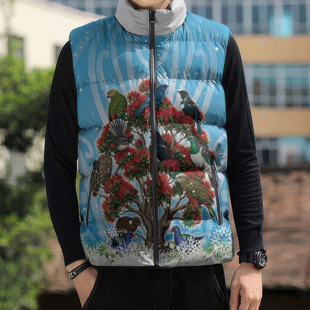 New Zealand Birds Christmas Sleeveless Puffer Jacket Pohutukawa Xmas Tree