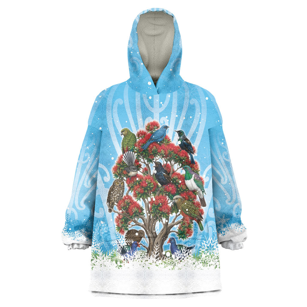 New Zealand Birds Christmas Wearable Blanket Hoodie Pohutukawa Xmas Tree