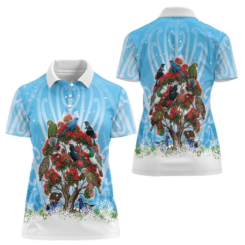 New Zealand Birds Christmas Women Polo Shirt Pohutukawa Xmas Tree