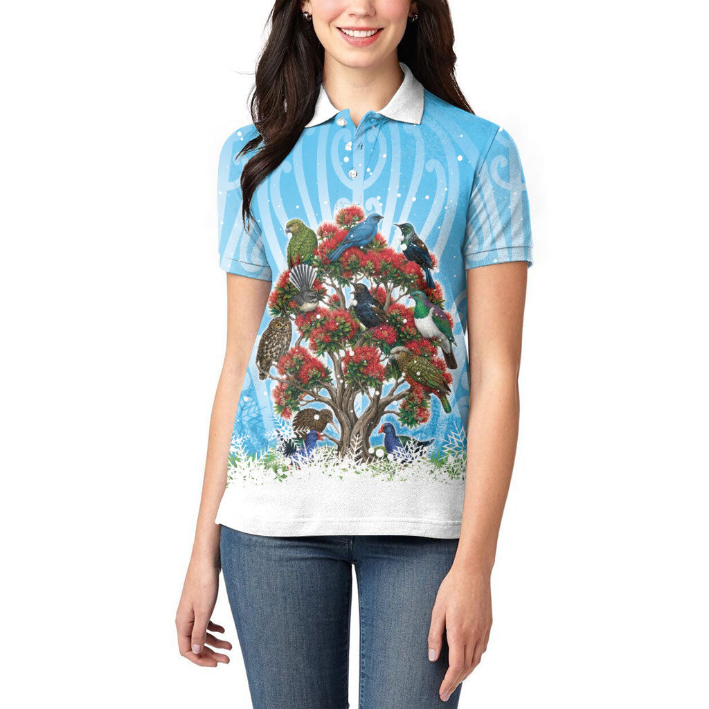 New Zealand Birds Christmas Women Polo Shirt Pohutukawa Xmas Tree