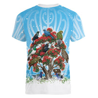 New Zealand Birds Christmas Women V-Neck T-Shirt Pohutukawa Xmas Tree