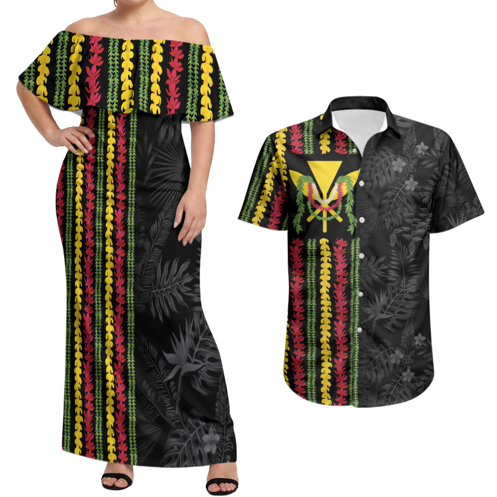 Hawaii Lei Kanaka Maoli Flag Couples Matching Off Shoulder Maxi Dress and Hawaiian Shirt Tropical Vibes