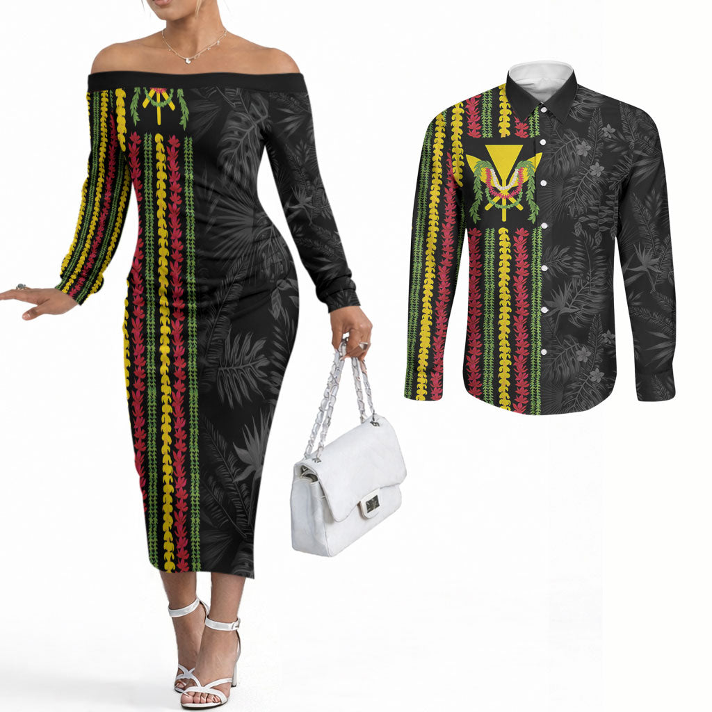 Hawaii Lei Kanaka Maoli Flag Couples Matching Off The Shoulder Long Sleeve Dress and Long Sleeve Button Shirt Tropical Vibes