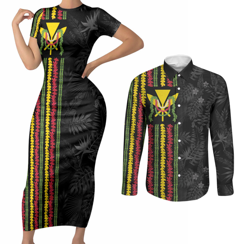 Hawaii Lei Kanaka Maoli Flag Couples Matching Short Sleeve Bodycon Dress and Long Sleeve Button Shirt Tropical Vibes