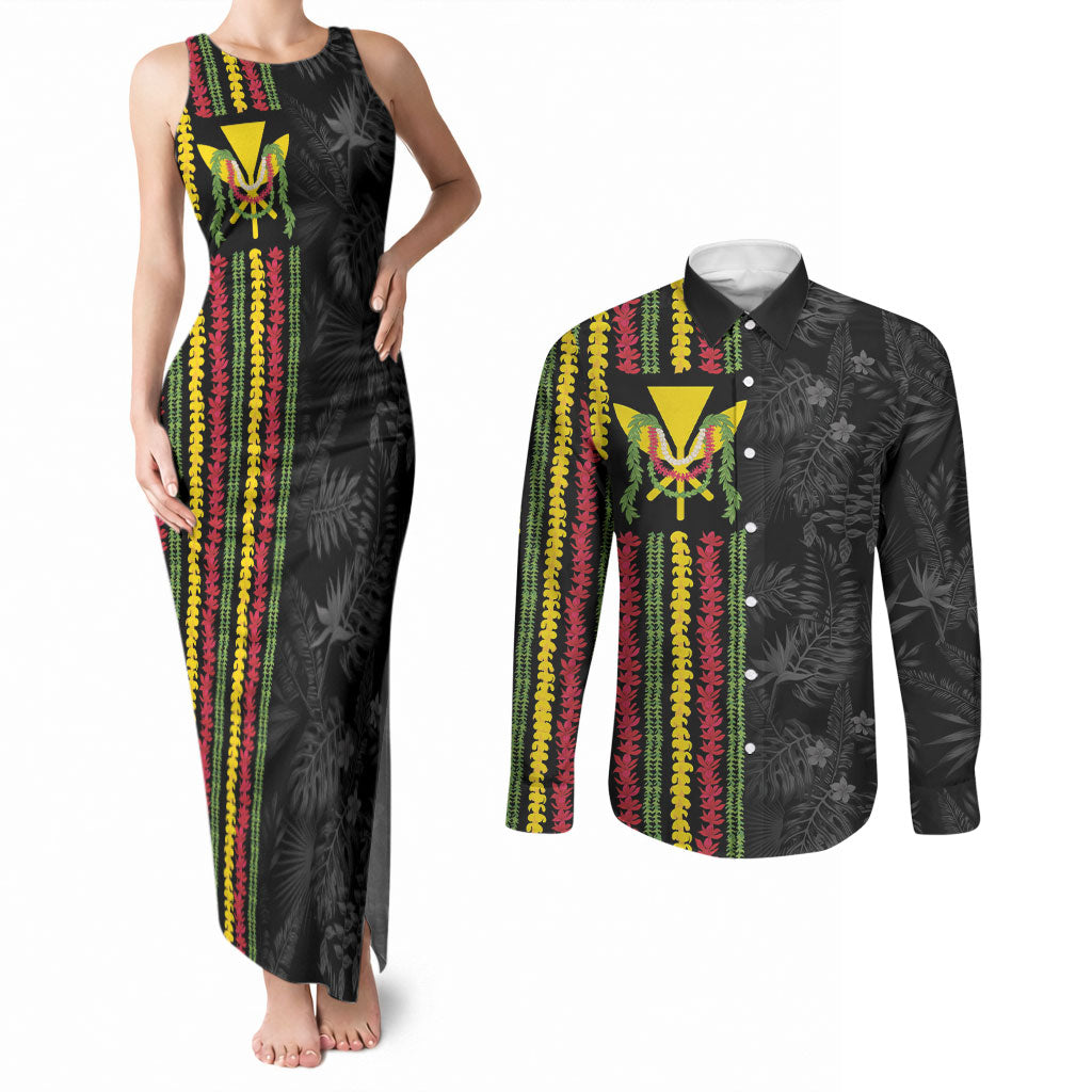 Hawaii Lei Kanaka Maoli Flag Couples Matching Tank Maxi Dress and Long Sleeve Button Shirt Tropical Vibes