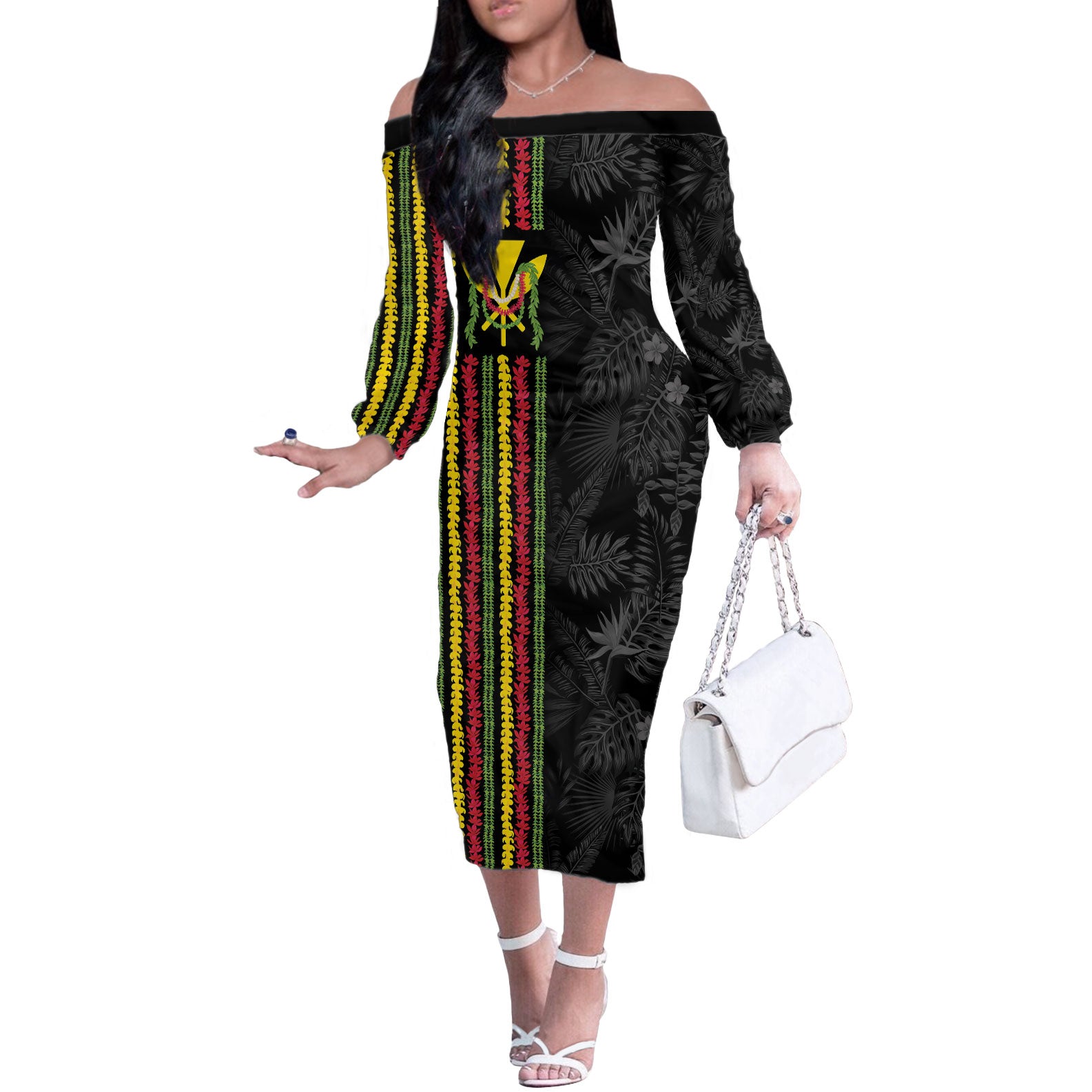 Hawaii Lei Kanaka Maoli Flag Off The Shoulder Long Sleeve Dress Tropical Vibes