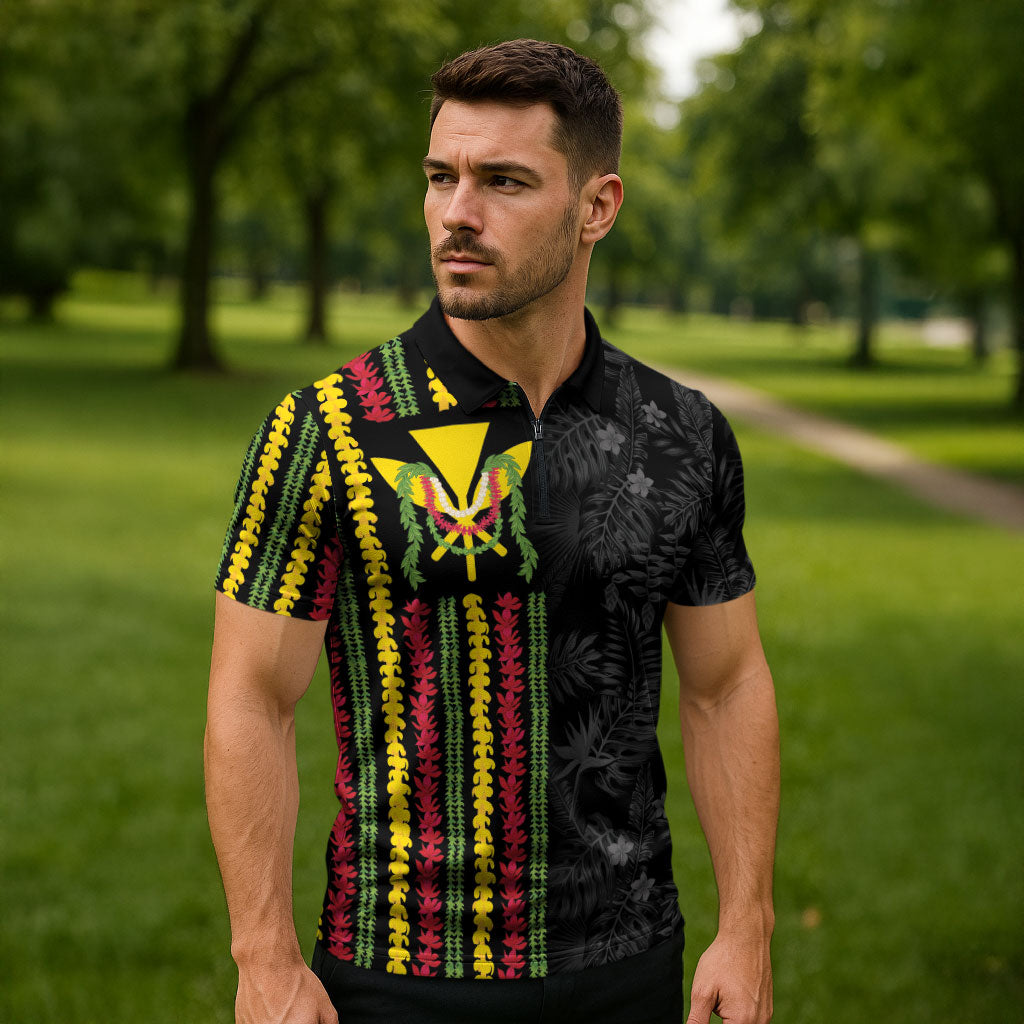 Hawaii Lei Kanaka Maoli Flag Zipper Polo Shirt Tropical Vibes