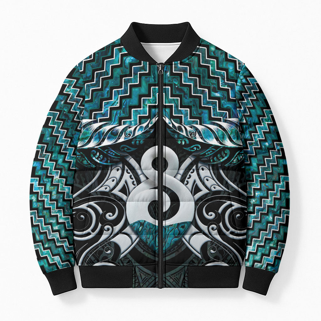 New Zealand Maori Bomber Puffer Jacket Poutama Pikorua - Single Twist Paua Shell LT05 Unisex Turquoise - Polynesian Pride