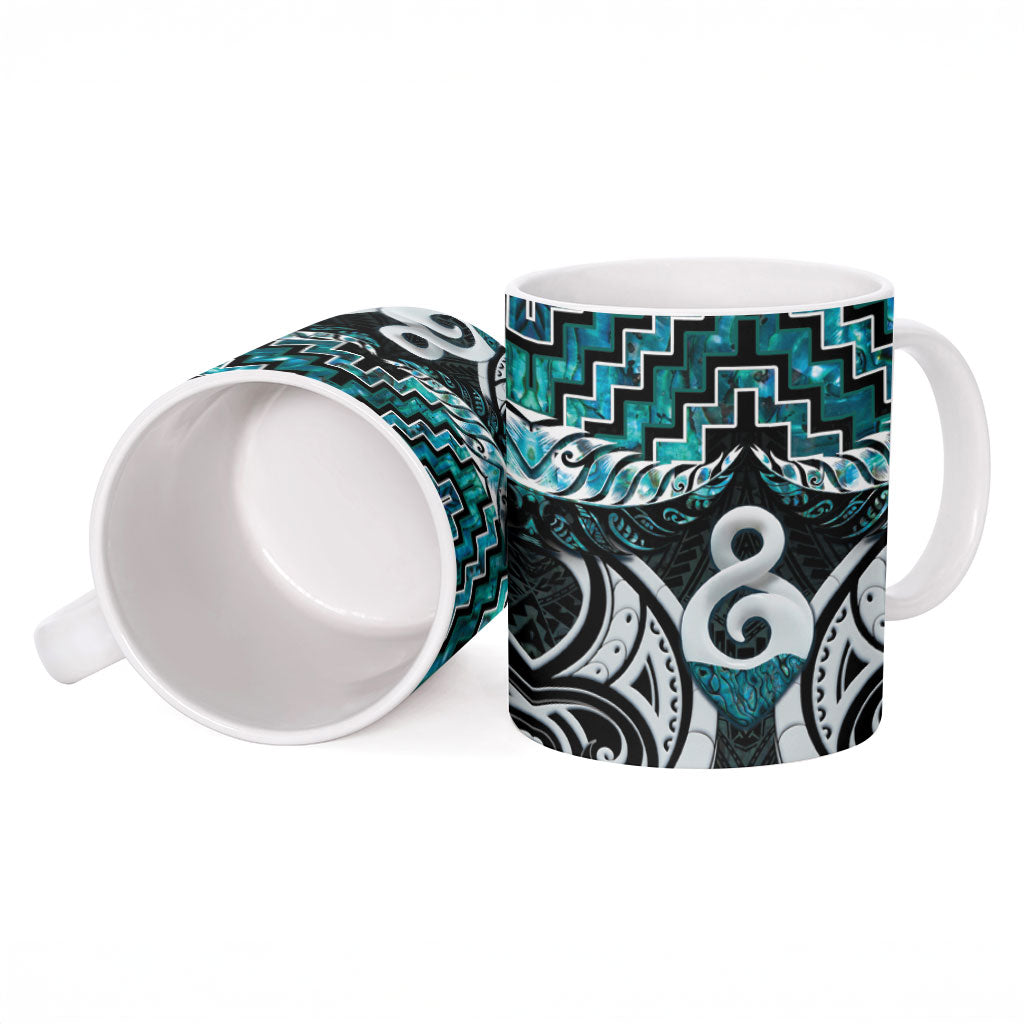 New Zealand Maori Ceramic Mug Poutama Pikorua - Single Twist Paua Shell