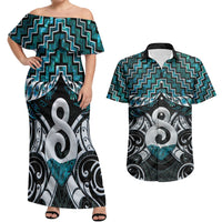 New Zealand Maori Couples Matching Off Shoulder Maxi Dress and Hawaiian Shirt Poutama Pikorua - Single Twist Paua Shell