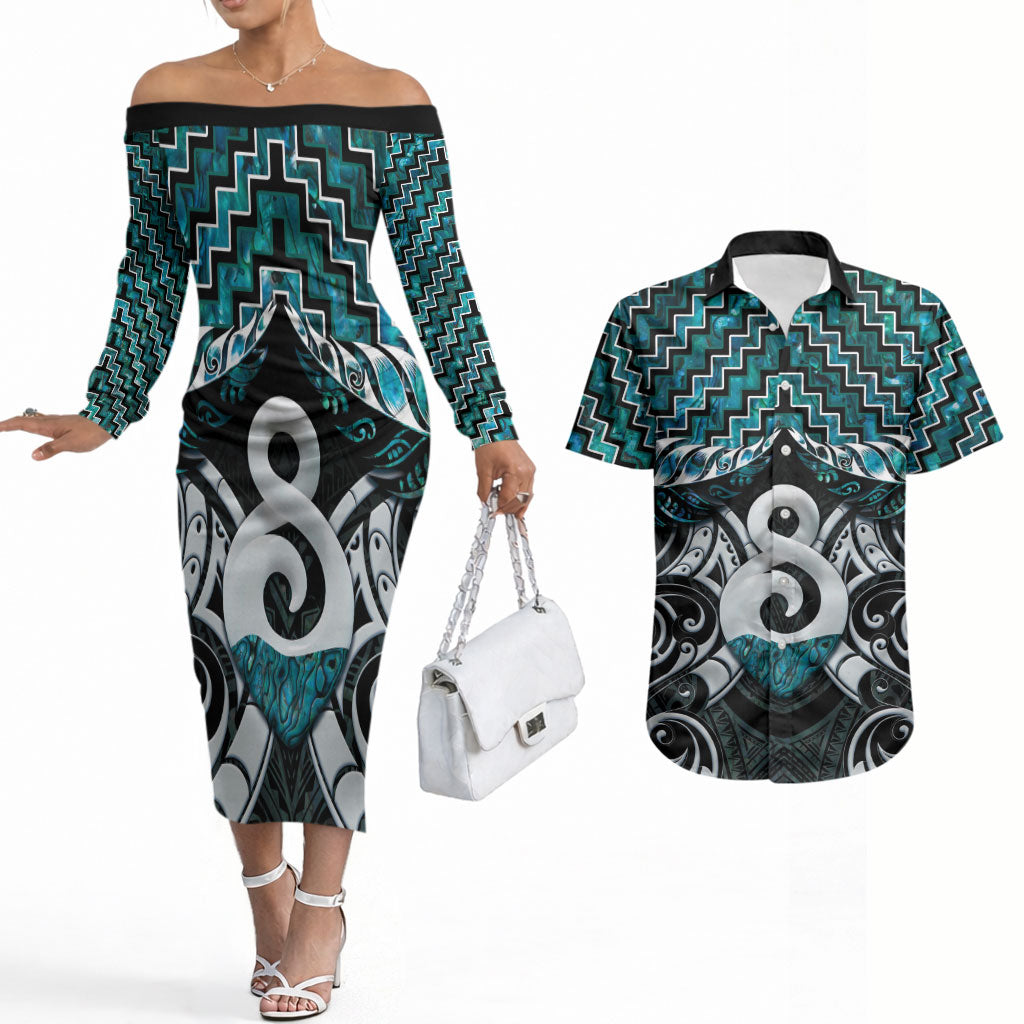 New Zealand Maori Couples Matching Off The Shoulder Long Sleeve Dress and Hawaiian Shirt Poutama Pikorua - Single Twist Paua Shell LT05 Turquoise - Polynesian Pride