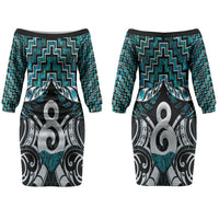 New Zealand Maori Couples Matching Off The Shoulder Long Sleeve Dress and Long Sleeve Button Shirt Poutama Pikorua - Single Twist Paua Shell