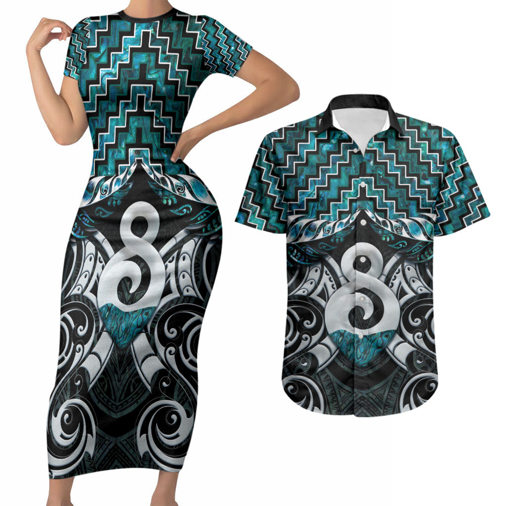New Zealand Maori Couples Matching Short Sleeve Bodycon Dress and Hawaiian Shirt Poutama Pikorua - Single Twist Paua Shell