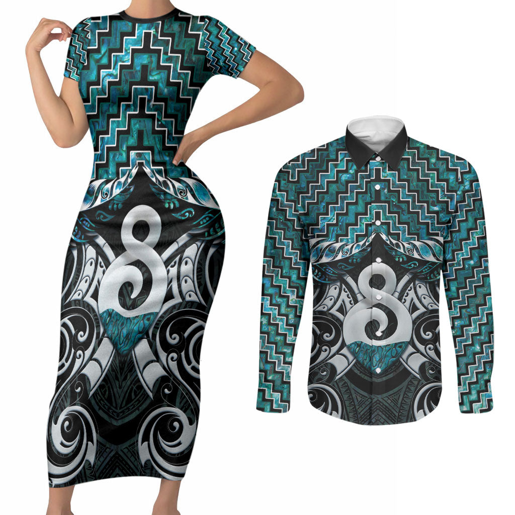 New Zealand Maori Couples Matching Short Sleeve Bodycon Dress and Long Sleeve Button Shirt Poutama Pikorua - Single Twist Paua Shell LT05 Turquoise - Polynesian Pride