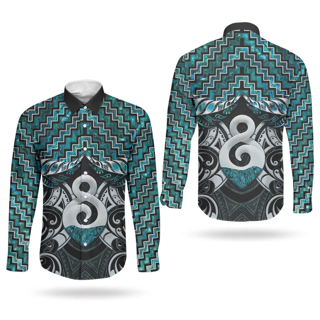 New Zealand Maori Couples Matching Short Sleeve Bodycon Dress and Long Sleeve Button Shirt Poutama Pikorua - Single Twist Paua Shell