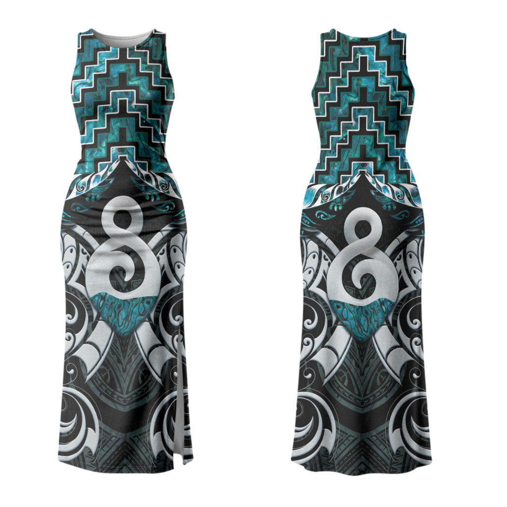 New Zealand Maori Couples Matching Tank Maxi Dress and Long Sleeve Button Shirt Poutama Pikorua - Single Twist Paua Shell