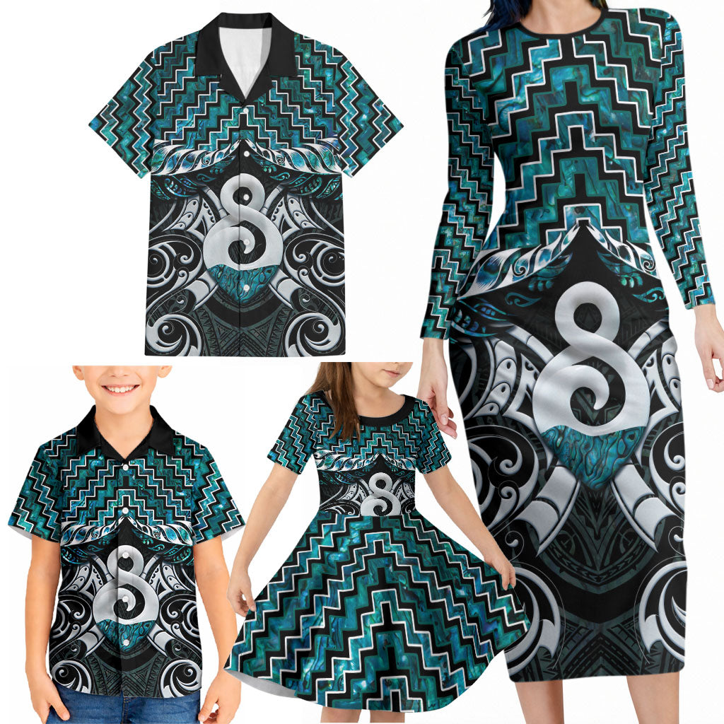 New Zealand Maori Family Matching Long Sleeve Bodycon Dress and Hawaiian Shirt Poutama Pikorua - Single Twist Paua Shell LT05 - Polynesian Pride