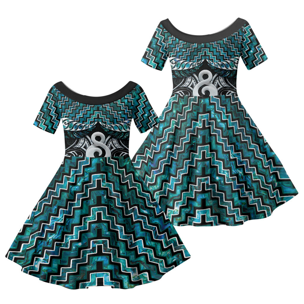 New Zealand Maori Family Matching Off Shoulder Maxi Dress and Hawaiian Shirt Poutama Pikorua - Single Twist Paua Shell