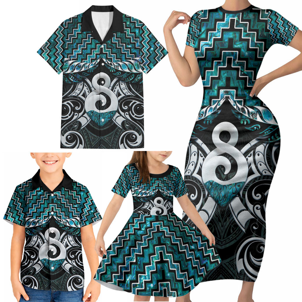 New Zealand Maori Family Matching Short Sleeve Bodycon Dress and Hawaiian Shirt Poutama Pikorua - Single Twist Paua Shell LT05 - Polynesian Pride
